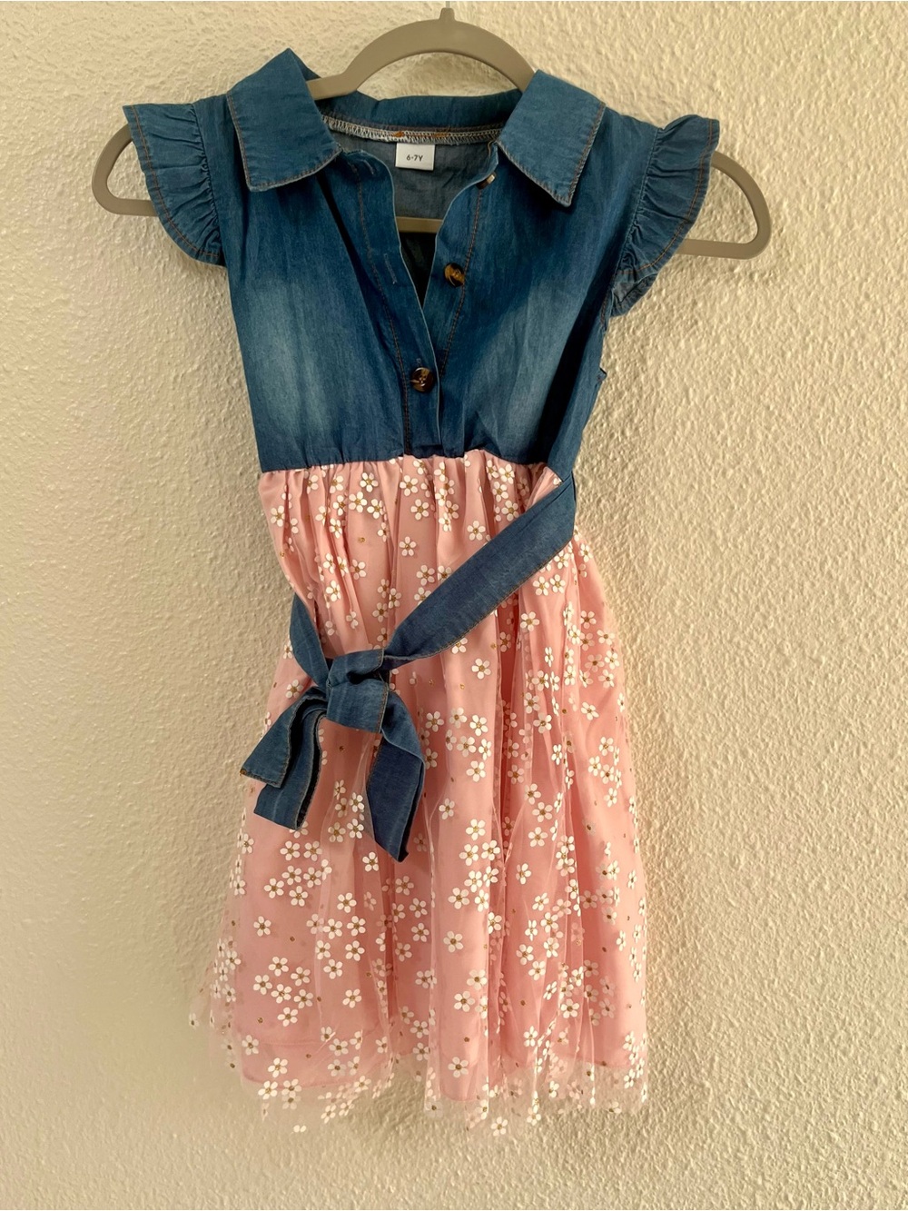 NWOT Boutique Denim & Pink Floral Girls' Dress with Bow
